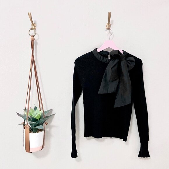 ChicWish Black Bow Long Sleeve Ribbed Knit Fitted Top Size M - Picture 2 of 5